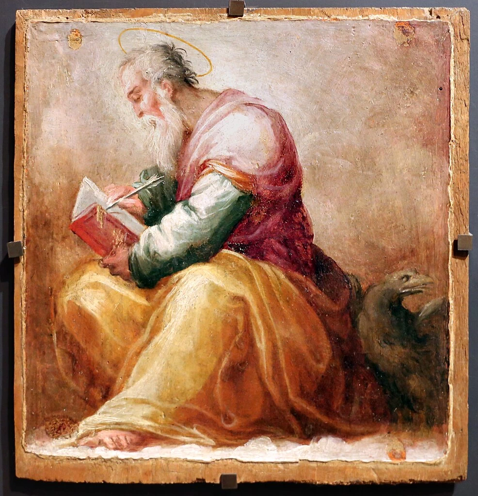 Crocifisso, dolenti, angeli e sei santi, dal ciborio del duomo di Pistoia. San Giovanni evangelista - Museo Civico (Pistoia)